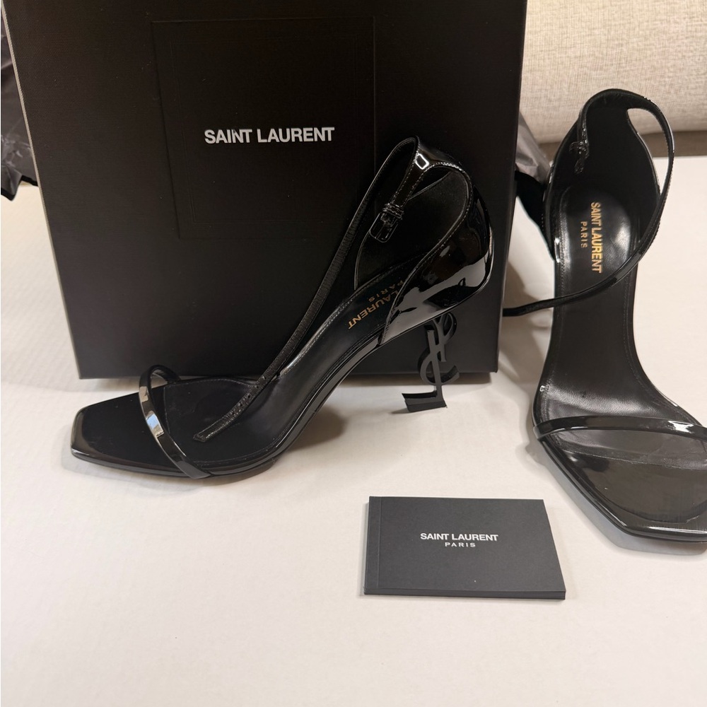 Saint Laurent Black Patent Leather Square-Toe Ankle-Strap Heels | Size 40